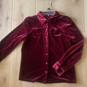 SHEIN Burgundy Velour Shirt with Round Gold Button-up Long Sleeved M